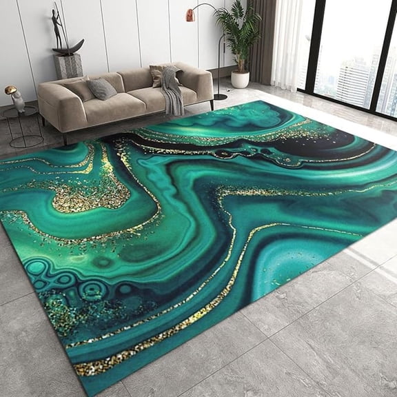 Green Abstract Marble Area Rug, Luxurious Emerald Green Gilt Texture Indoor Rugs, With Anti-Slip Easy Clean Carpet For Living Room Bedroom Kitchen Dining Room Home Office 5x7ft