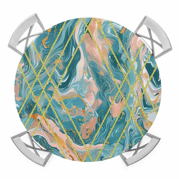 Green Abstract Painting Elastic Fitted Round Table Cover Modern Art Waterproof Outdoor Tablecloth for Holiday Party, Picnic, Patio & Dining Fits Tables Up to 45"-54"