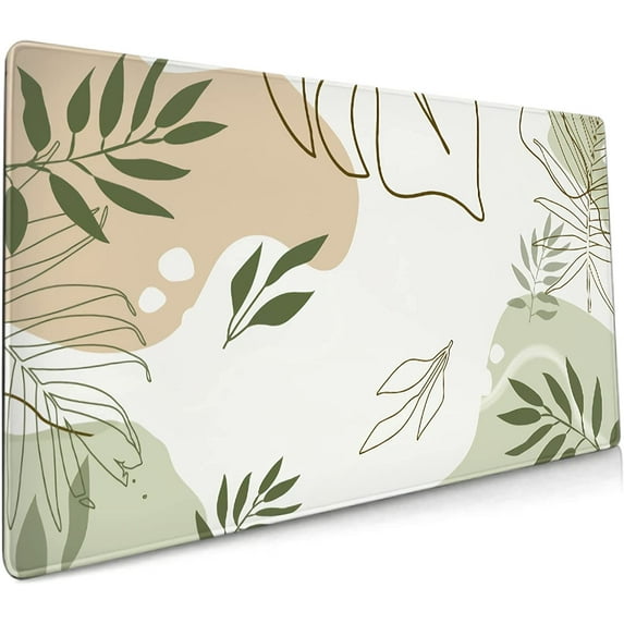 Green Abstract Plants Mouse Pad 35.4 X 15.7 Inch XXL Boho Design Print Full Desktop Mousepad Extended Large Non-Slip Rubber Base Keyboard Mat with Stitched Edges for Gaming Office Desk Accessories