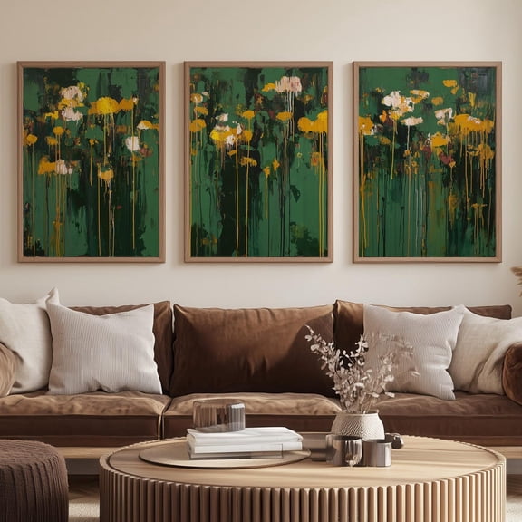 Green Abstract Print, Unique Wall Art, MCM, Set 3 Stretched Canvas 16x24