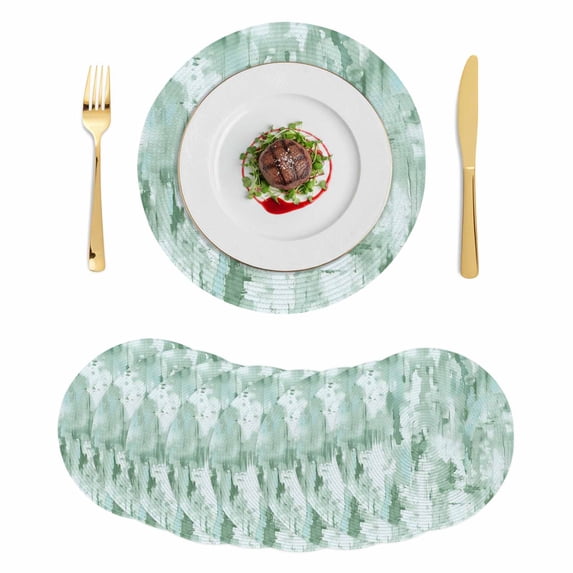 Green Abstract Round 15 Inch Placemats Set of 8, Modern Oil Painted Art Contemporary HeatResistant Non Slip Place Mats for Dining Table, Wipeable Braided Kitchen Table Mats for Housewarming