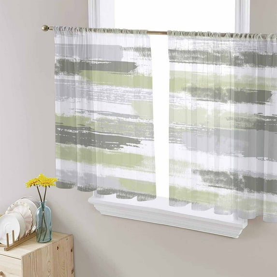 Green Abstract Semi Sheer Curtains 45 Inch Length 2 Panels Set, Grey Modern Mottled Art Oil Painting Sheer Kitchen Curtain Privacy Voile Window Curtain for Living Room Bedroom Rod Pocket Drapes