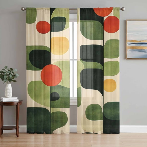 Green Abstract Sheer Curtains 63 Inch Length 2 Panels Set, Middle Century Minimalist Lines Voile Window Treatment Rod Pocket Curtains Sheers Drapes for Bedroom/Living Room/Kitchen 52x"63"x2