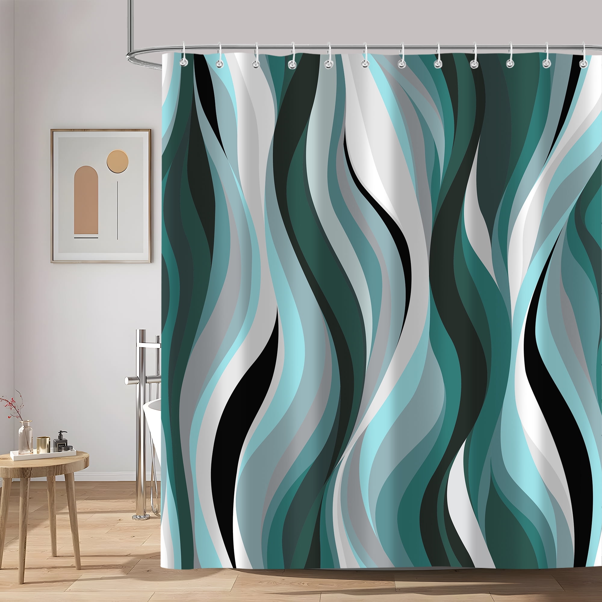 Green Abstract Shower Curtain, Stripe Black White Gray Aesthetic Art Shower Curtains Bathroom ...