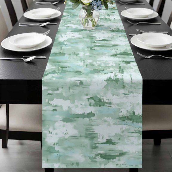 Green Abstract Table Runner 36 Inches Long, Modern Oil Painted Art Contemporary Kitchen Coffee Dining Table Decoration for Home Party Birthday Wedding Home Decor 13x36 Inches
