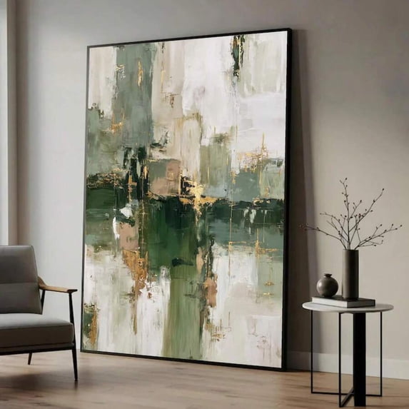 Green Abstract Wall Art, Sage Dark Green Gold Foil Textured Canvas ...