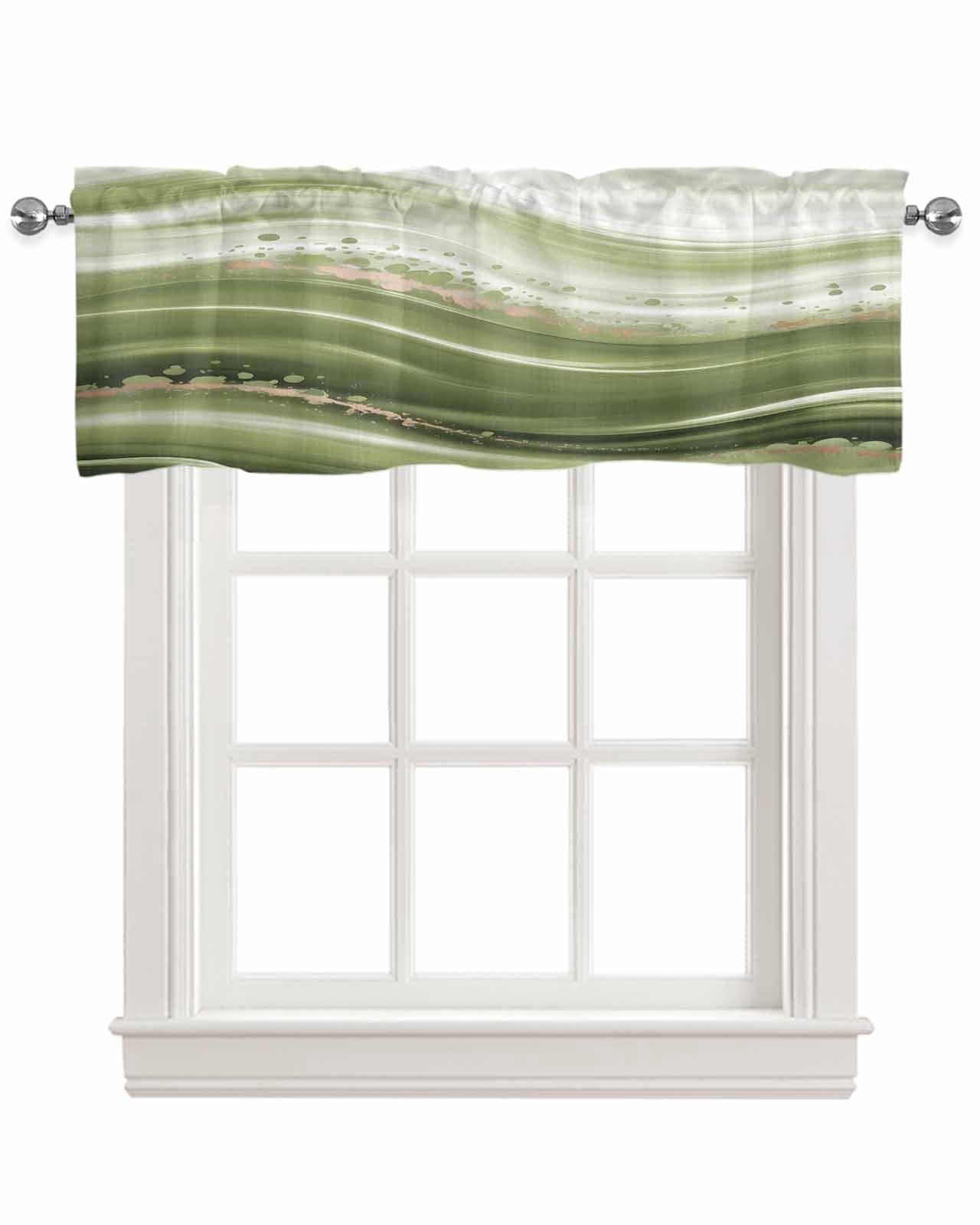 Green Abstract Waves Kitchen Valances for Windows Farmhouse Linen Window Valance Curtain for Living Room Window Treatment Gradient Fluid Luxury Oil Painting Valance Rod Pocket Topper, 60 x 18 Inch