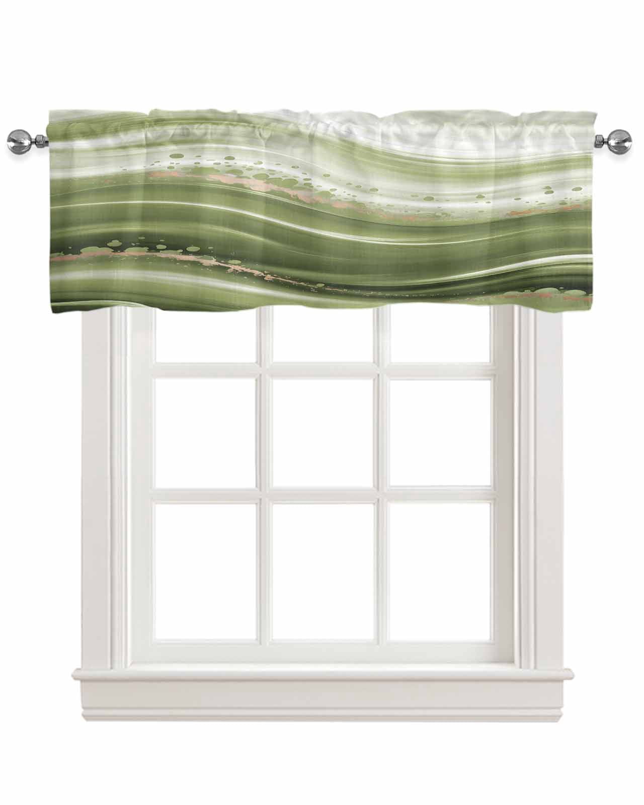 Green Abstract Waves Kitchen Valances for Windows Farmhouse Linen Window Valance Curtain for Living Room Window Treatment Gradient Fluid Luxury Oil Painting Valance Rod Pocket Topper, 42 x 18 Inch