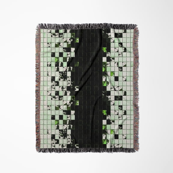 Green Accent Black And White Square Tiled Ceramic , Woven Blanket