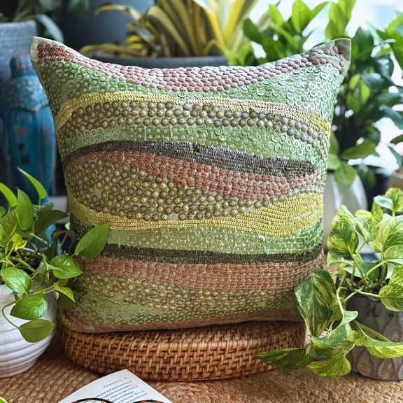 Green Accent Pillow, 3D Sequins Ombre Botanical Pillow Cover, Throw Pillow Cover 14x14 inch (35x35 cm), Square Silk Pillow Cover, Striped Pillow Cover, Tropical - Eco Friendly