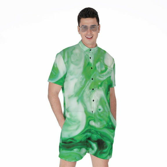 Green Acid Melt Short Sleeve Men'S Rompers Casual Summer Jumpsuits Outfit