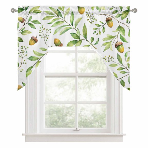 Green Acorns Swag Valances for Windows 56 x 36 Inch, Summer Sage Green Oak Leaf Twigs Botanical Branch Rod Pocket Light Filtering Window Topper for Kitchen Bathroom Bedroom Living Room