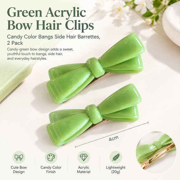 Green Acrylic Bow Hair Clips, Candy Color Bangs Side Hair Barrettes, 2 Pack