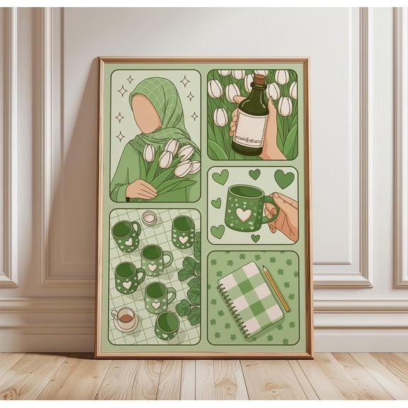 Green Aesthetic Collage Poster Cozy Still Life Wall Art Soft Floral Print 1