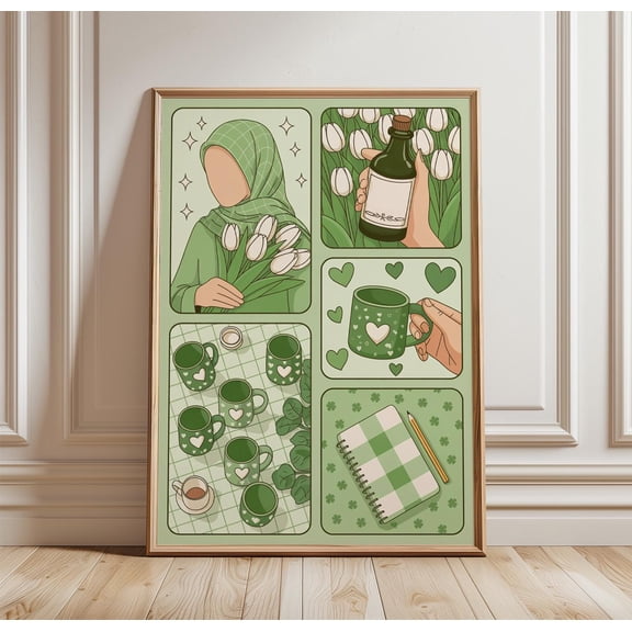 Green Aesthetic Collage Poster | Cozy Still Life Wall Art | Soft Floral Print, Poster Only