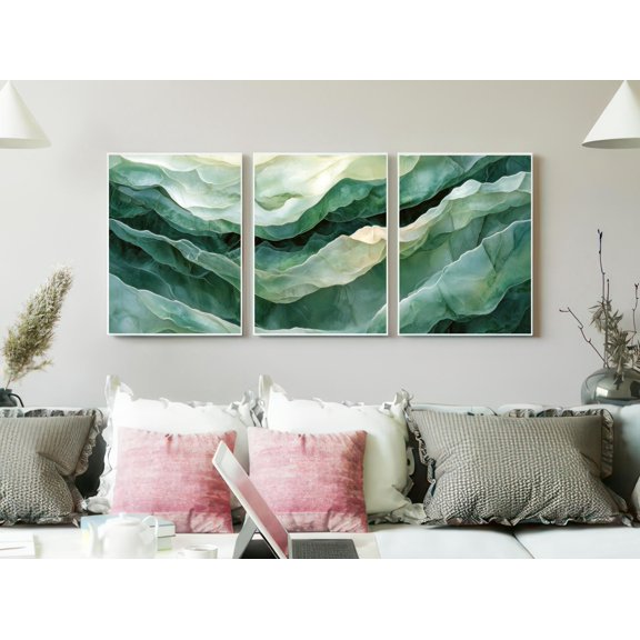 Green Agate Geode Triptych Deep Emerald Stone Texture Luxury Mineral Gallery Set For Decorative Wall Art Poster, Set 2, Poster Only