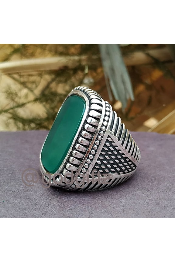 Green Agate Sterling Silver Ring: Arabic Turkish Style, Handmade
