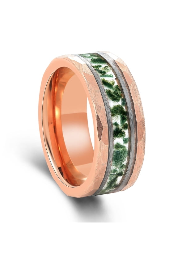 Green Agate Tungsten Ring Hammered Crushed For Men Statement Ring Anniversary Ring 8mm