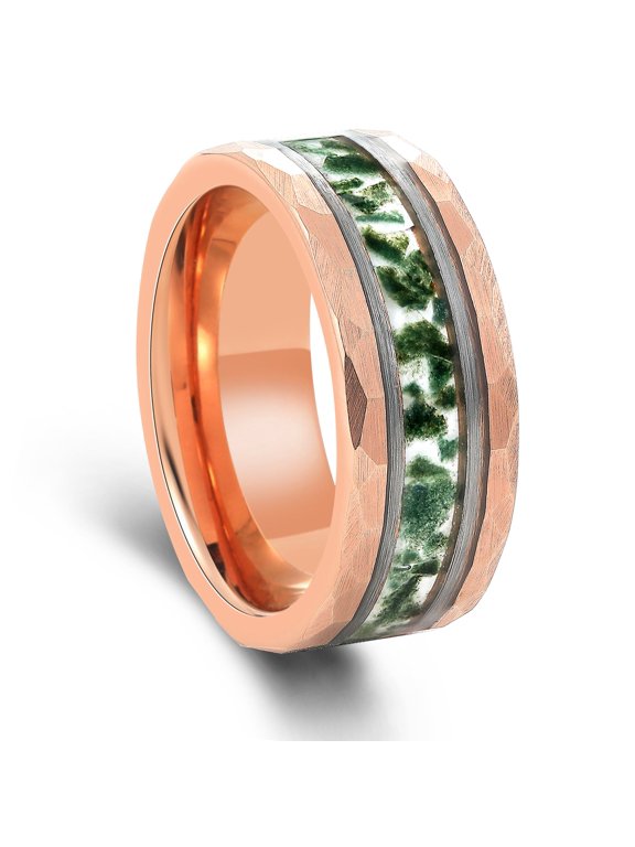 Green Agate Tungsten Ring Hammered Crushed For Men Statement Ring Anniversary Ring 8mm