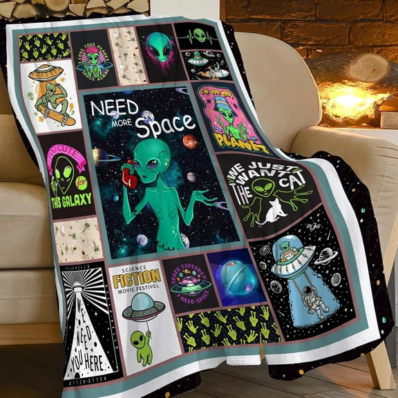 Green Alien Blanket Universe Planet Throw Blankets for Girls Boys Soft Warm UFO Space Astronaut Throws Flannel Fleece Plush Stuff Gifts for Kids Men Women Adults for Bed Sofa Bedding Decor 50"x40"