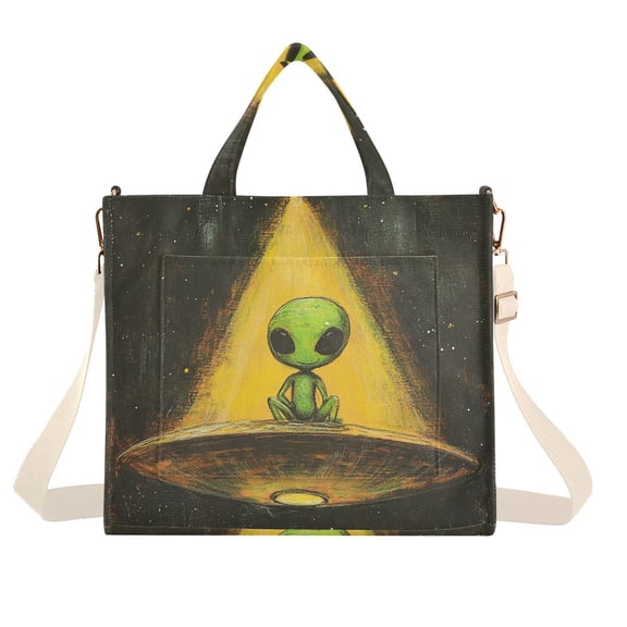 Green Alien Corduroy Tote Bag Handbag Large Messenger Bag Shoulder Crossbody Zipper Bag Purse
