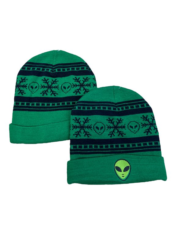 Green Alien Embroidered Cuffed Beanie Hat