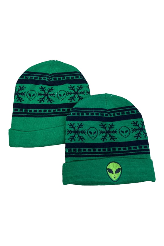 Green Alien Embroidered Cuffed Beanie Hat