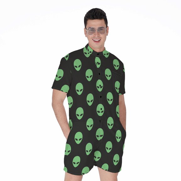 Green Alien Face Short Sleeve Men'S Rompers, Alien Ufo Space Casual Summer Jumpsuits Outfit