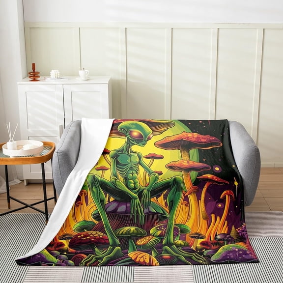 Green Alien Frog Throw Blanket Baby 30x40 Cartoon Jungle Mushroom Plants Flannel Blanket for Kids Teens Adults Watercolor Moon Glitter Stars Exotic Bed Blanket for Party Office RV