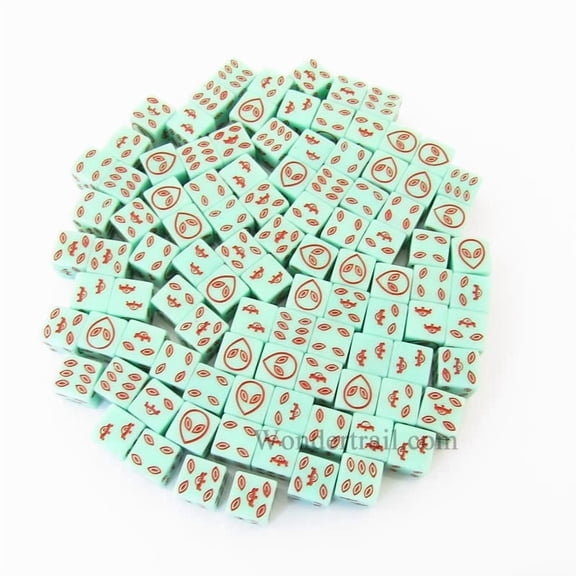 Green Alien Glow in the Dark Dice with Red Aliens D6 16mm (5/8in) Bulk Pack of 100 Koplow Games