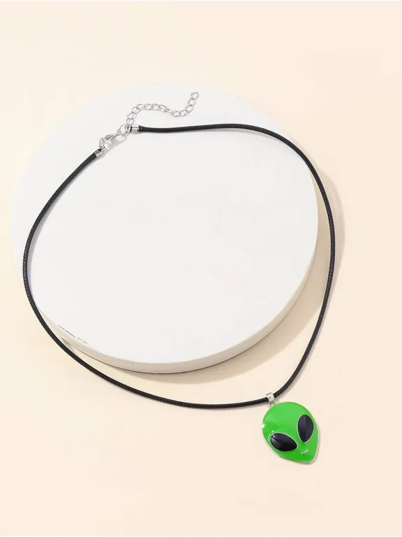 Green Alien Head Pendant Choker Necklace With Black Cord