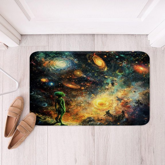 Green Alien Soft Fleece Door Carpet Galaxy Outer Space Polyester Bath Rug for Kids Boys Girls Outer Space Planet Non Slip Bath Mat Galaxy Universe Bathroom Floor Indoor Doormat,16x24 Inch