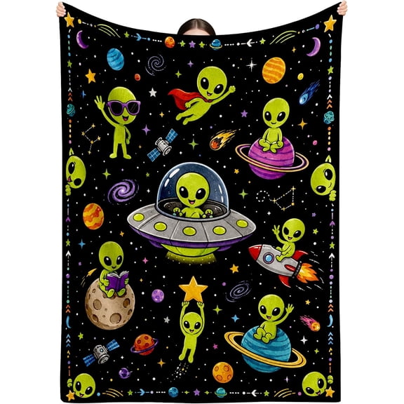 Green Alien UFO Space Throw Blanket