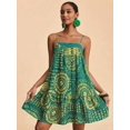 thumbnail image 1 of Green All-Over Print Spaghetti Strap Mini Sundress For Women, Boho Tropical Vacation Dress, 1 of 8