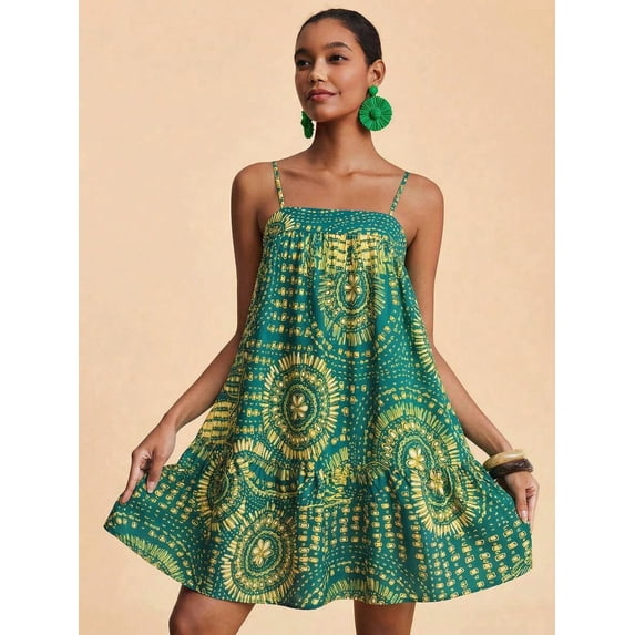 Green All-Over Print Spaghetti Strap Mini Sundress For Women, Boho Tropical Vacation Dress
