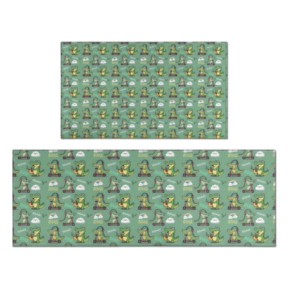 Green Alligators Icons Pattern Kitchen Rugs Sets Of 2,Anti Fatigue Kitchen Mat Rugs Non Slip Washable,Decorative Kitchen Floor Mats for Kitchen,Sink,Laundry,17"x30"+17"x47"