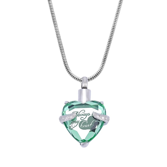 Green "Always in My Heart" Cremation Necklace Rhinsestone Women's Heart Urn Necklace for Ashes Funeral Urn Jewelry Remembrance Memorial Pendant with Free Funnel Fill Kit and Gift Box