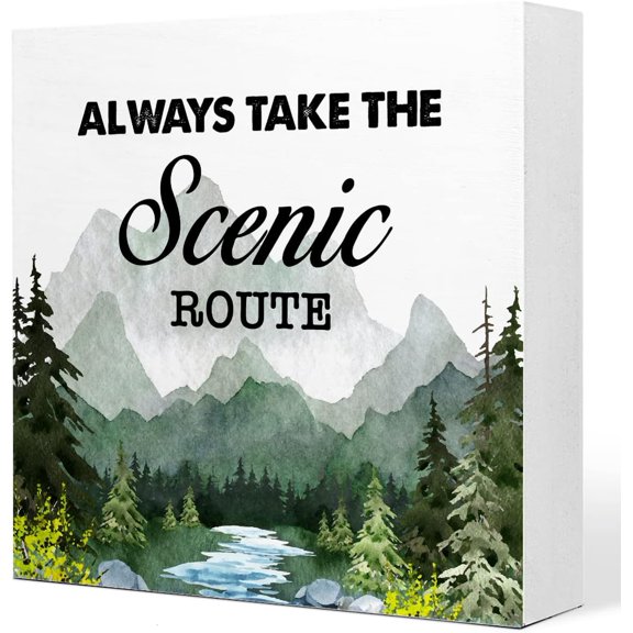 Green Always Take the Scenic Route Woodland Backdrop Camping Wood Plaque Sign Desk Decor,Rustic Camping Quote Wood Block Sign Desk Decoration for Home Camper RV Shelf Table Decor