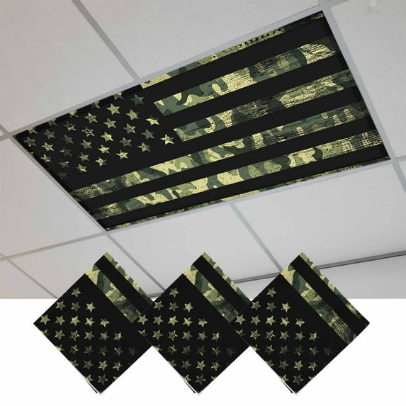Green American Flag Fluorescent Light Covers, Wooden Grain Magnetic Light Covers for Ceiling Lights, Fluorescent Ceiling Shade Filters for Classroom Bedroom Office 4x2Ft x 3PCS