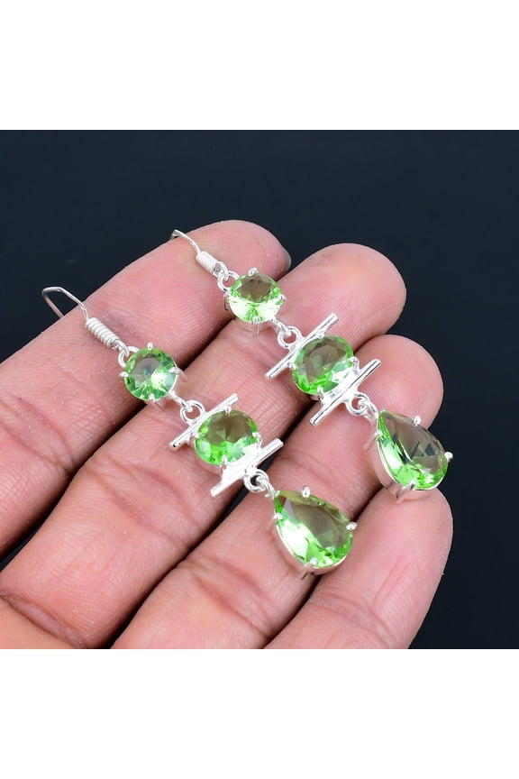 Green Amethyst 925 Sterling Silver Gemstone Ethnic Solitaire Earring 2.5" VJ 771