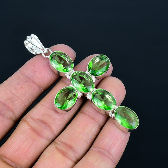 Green Amethyst 925 Sterling Silver Gemstone Oval Gift Cross Pendant 3.2" VJ 309