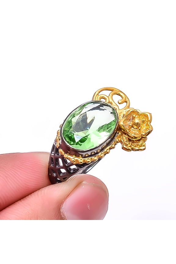 Green Amethyst Black And Gold Plated 925 Silver Plated Ring s.8, Green Amethyst Ring R_8038_308_6