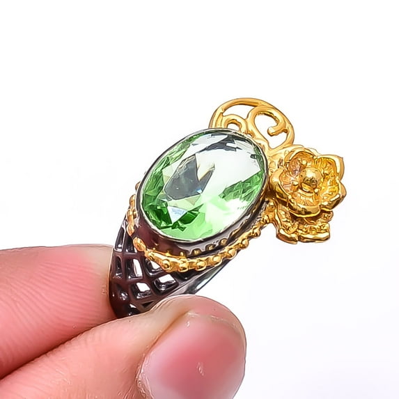 Green Amethyst Black And Gold Plated 925 Silver Plated Ring s.8, Green Amethyst Ring R_8038_308_6