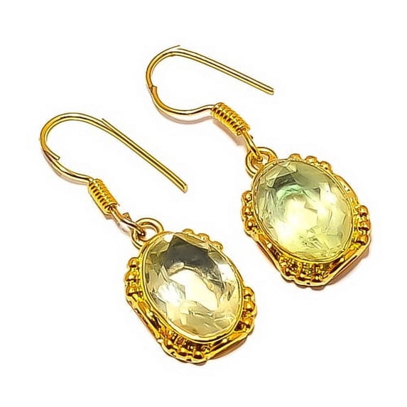 Green Amethyst - Brazil Silver 18k Yellow Gold Plated Earring 1.48" E7624-45, Gemstone Silver Jewelry, New Year Sale, Valentin's Day Gift