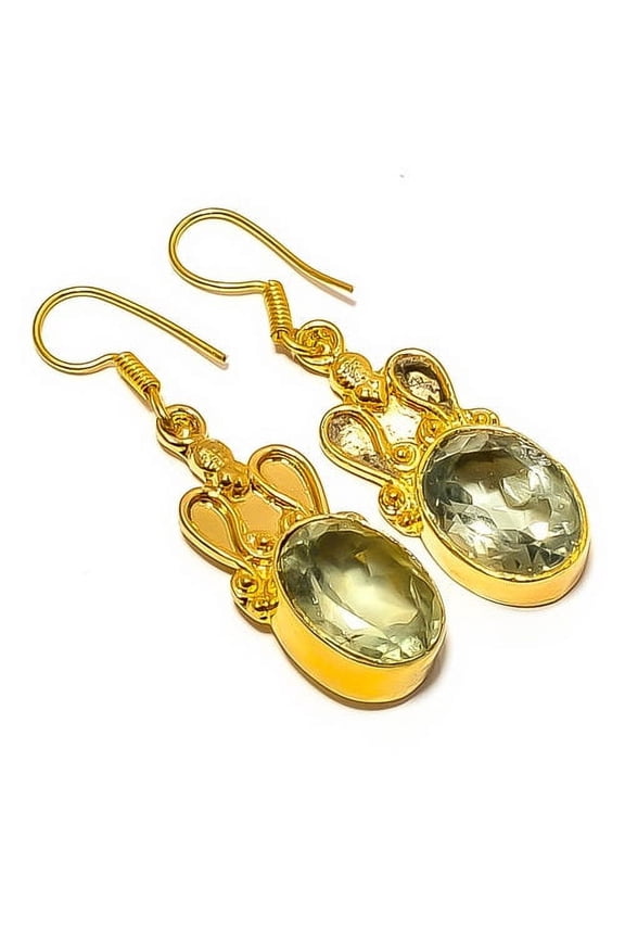 Green Amethyst - Brazil Silver 18k Yellow Gold Plated Earring 1.95" E7624-58, Gemstone Silver Jewelry, New Year Sale, Valentin's Day Gift