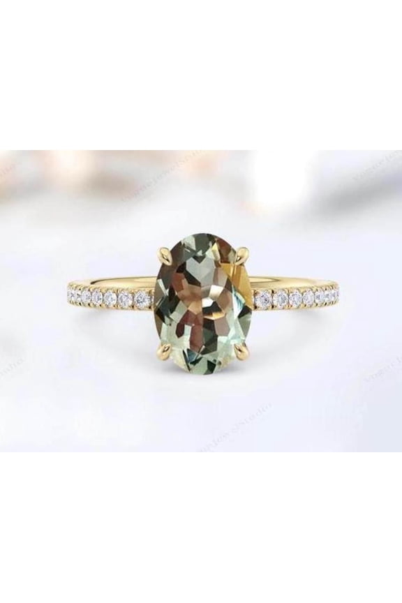 Green Amethyst Engagement Ring For Women 14k Gold Green Amethyst Hidden Halo Wedding Ring Vintage Amethyst Bridal Anniversary Promise Ring