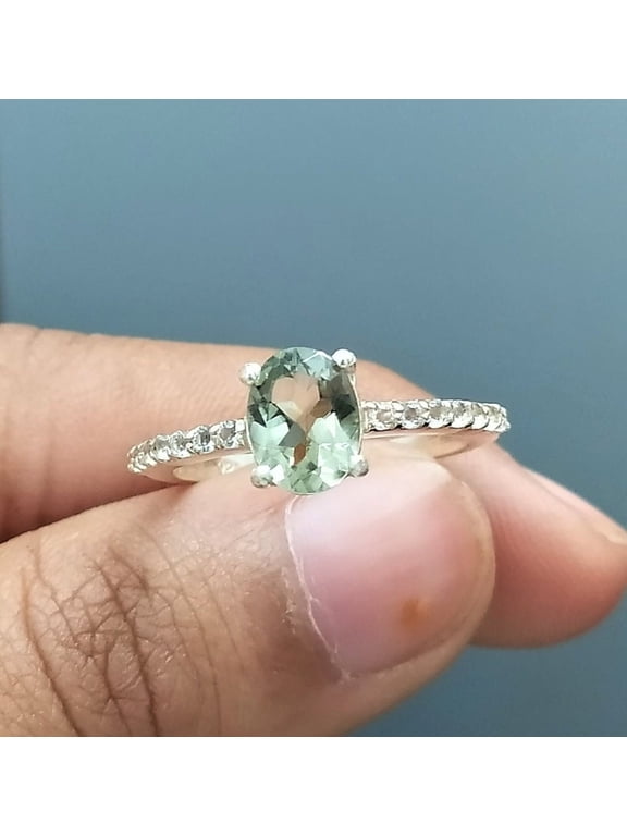 Green Amethyst Engagement Ring: Oval Prasiolite, Sterling Silver