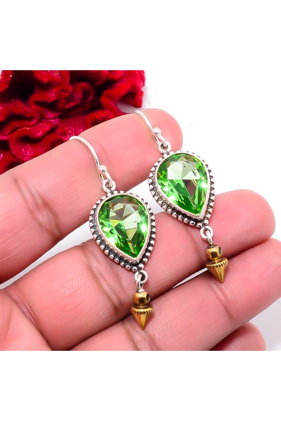 Green Amethyst Gemstone 925 Sterling Silver Two Tone Arrow Head Earring 2.03" S3, Handmade Jewelry, Dangle Earring