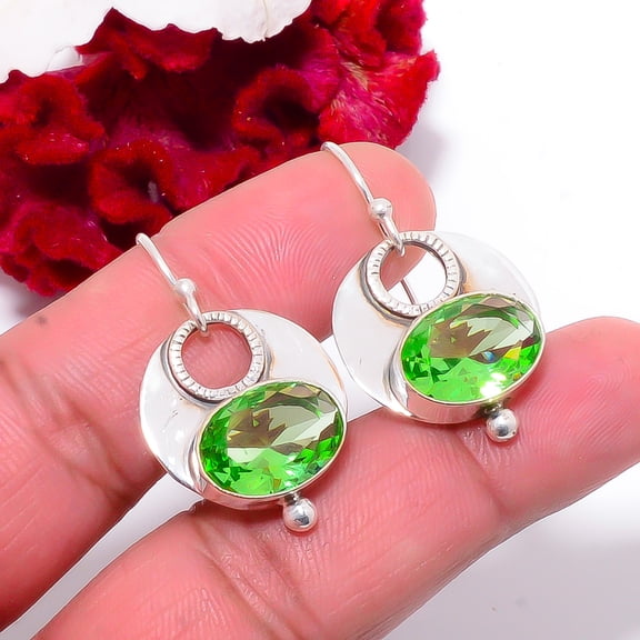 Green Amethyst Gemstone Designer Handmade 925 Sterling Silver Earring 1.37 Sku31, Green Earring, Simulated Gemstone Earring