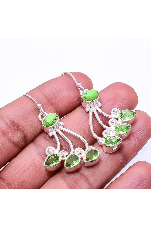 Green Amethyst & Green Turquoise Multi Collet 925 Silver Plated Earring 1.68", Green Amethyst Earring E_7996_356_8
